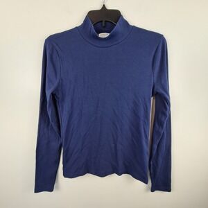 J.Crew Womens Ribbed Mock Neck Long Sleeve Top Navy Blue Size M Stretch Knit
